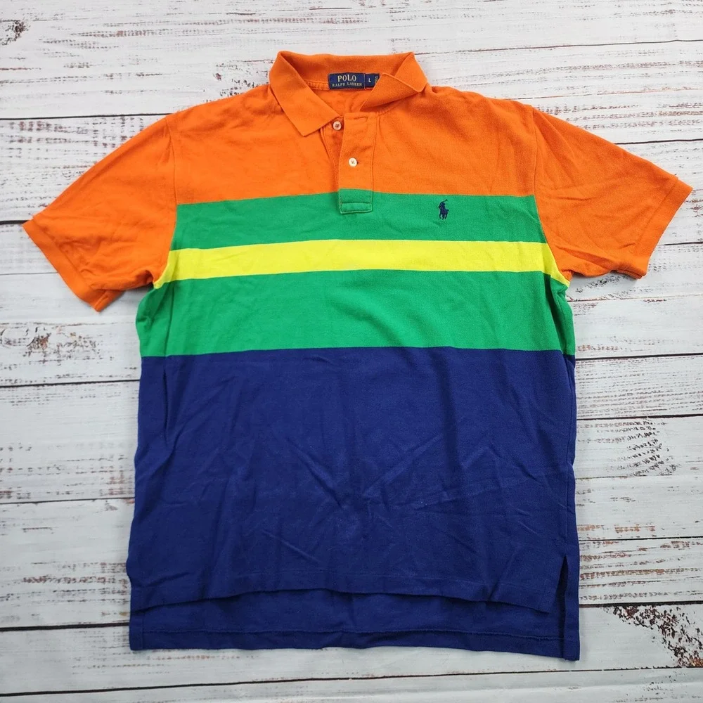 Polo Ralph Lauren Polo Shirt Men L Orange Green Navy Yellow Colorblock Pony